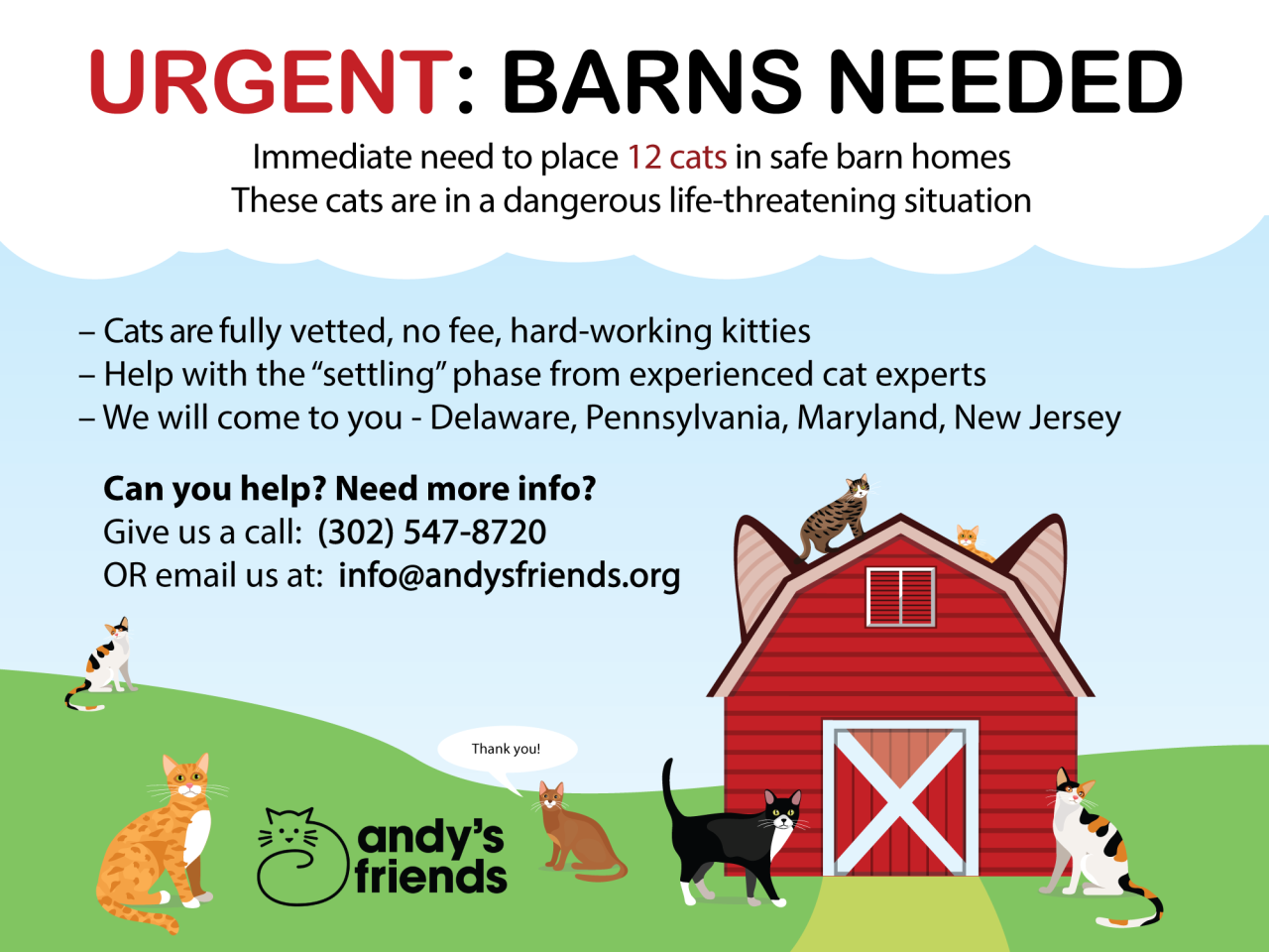 A color advertisement with cartoon cats and a cartoon barn. The text reads URGENT: BARNS NEEDED and requests barn placements for stray cats.