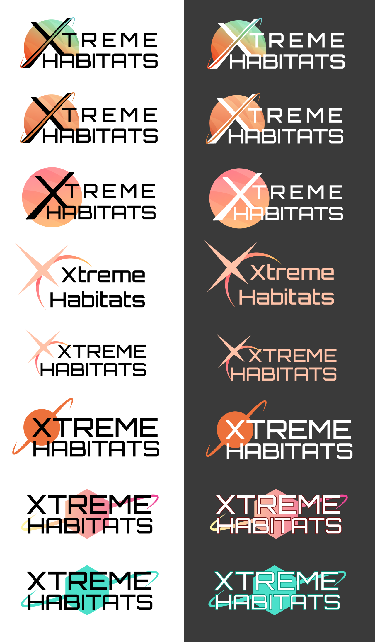 A large group of logo options for Xtreme Habitats, each shown on a light and dark background. Many feature the letter X or a planetary design.