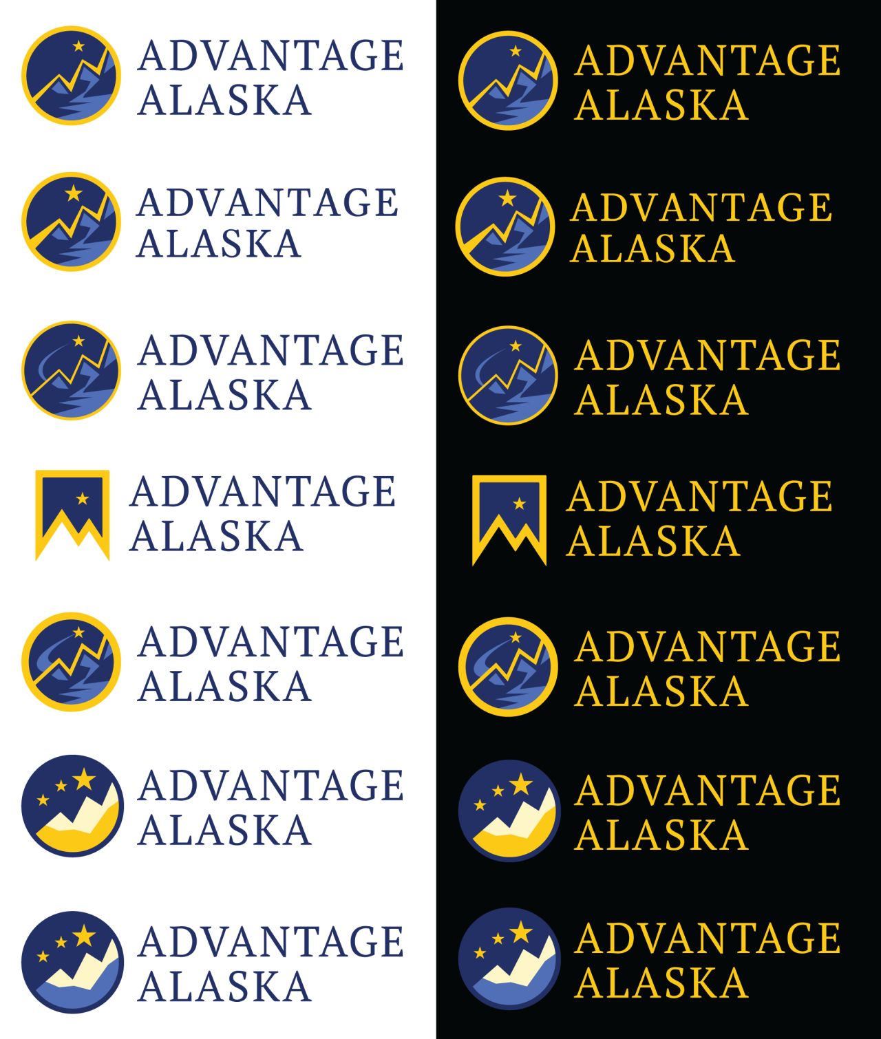 A series of logo options for a company called Advantage Alaska. The logos include star and mountain motifs in blue and yellow.